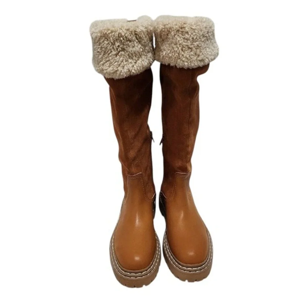 Splendid Antonia ‎ Cognac Brown Tall Knee High Boots Faux Fur Cuff Lug Sole 7.5